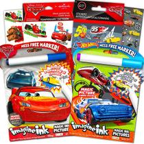 Disney Cars and Hot Wheels Magic Ink Coloring Book Set Kids Toddlers -- Pacote com 2 Livros de Colorir tinta imagine com canetas de tinta invisíveis, 50 cars tatuagens temporárias e mais de 100 adesivos de carros