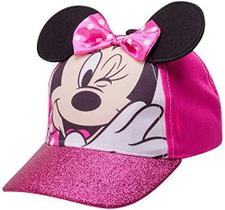 Disney Girls Minnie Mouse Cotton Baseball Cap 3D Ears Glitter Rim (Toddler/Little Girls), Size Age 2-4, Minnie Mouse Pink