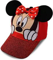 Disney Girls Minnie Mouse Cotton Baseball Cap 3D Ears Glitter Rim (Toddler/Little Girls), Size Age 2-4, Minnie Mouse Red