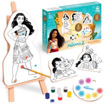 Disney Moana Kit Artístico Infantil Com Cavalete Tela Ilustrada Paleta Tinta E Pincel