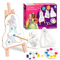 Disney Princesas Kit Artístico Infantil Com Cavalete Tela Ilustrada Paleta Tinta E Pincel