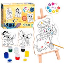Disney Stitch Kit Artístico Infantil Com Cavalete Tela Ilustrada Paleta Tinta E Pincel
