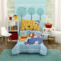 Disney Winnie The Pooh Funny Friends Aqua, Gold, Blue and Orange, Tigger, Eeyore e Piglet 4 Piece Toddler Bed Set - Comforter, Costeto Inferior Montado, Folha superior plana e fronha reversível