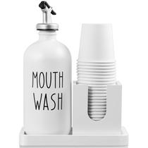 Dispensador de enxaguatório bucal Bivvclaz Glass 500mL com porta-copos branco Dispensador de enxaguatório bucal Bivvclaz Glass 500mL com porta-copos branco