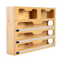 Dispensador De Filme Plástico Multicolorido De Bambu Com Cortador E Etiquetas, Organizador De