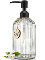 Dispenser de Sabão JASAI 532ml Vidro com Bomba Preta e Listras Verticais Dispenser de Sabão JASAI 532ml Vidro com Bomba Preta e Listras Verticais