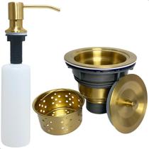 Dispenser Dosador Detergente 350ml Inox Dourado Escovado E Valvula Ralo De Pia Cozinha 4 1/2 Com Cesto Higienico E Porta Detergente De Embutir