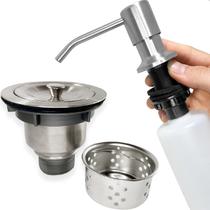 Dispenser Dosador Detergente 500ml Inox Escovado E Valvula Pia Cozinha 4 1/2 Com Cesto Higienico Ralo Escoamento Cuba E Porta Detergente De Embutir