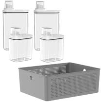 Dispenser Organizador Lavanderia amaciante sabão em pó 1.5L Cinza+Cesto Organizador Empilhável 34x27x13 Flow OU - Dispenser Organizador Lavanderia amaciante sabão em pó 1.5L Cinza+Cesto Organizador Empilhável 34x27x13 Flow OU -
