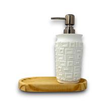 Dispenser Sabonete Líquido Resina Geométrica Bandeja Madeira