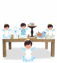 Display de chão mesa totens Batizado Anjinho Menino 7 Pçs Display de chão mesa totens Batizado Anjinho Menino 7 Pçs