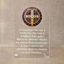 Display de Mesa em Acrílico Cristal com Medalha de São Bento e Oração Gravada a Laser Proteção e Fé em Cada Detalhe