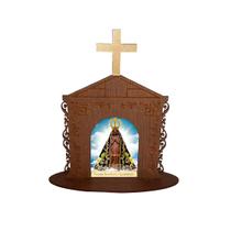 Display Enfeite de Mesa Religioso Capelinha Oratório Nossa Senhora Aparecida 20cm Mdf Madeira Imbuia