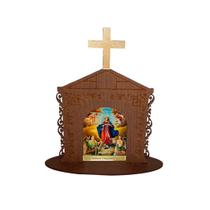 Display Enfeite de Mesa Religioso Capelinha Oratório Ns Desatadora de Nós 20cm Mdf Madeira Imbuia