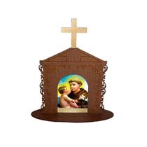 Display Enfeite de Mesa Religioso Capelinha Oratório Santo Antônio de Padua 20cm Mdf Madeira Imbuia