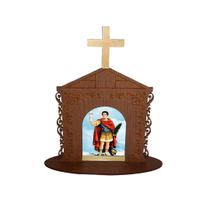 Display Enfeite de Mesa Religioso Capelinha Oratório Santo Expedito 20cm Mdf Madeira Imbuia