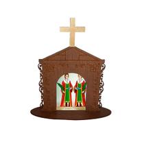 Display Enfeite de Mesa Religioso Capelinha Oratório São Cosme e Damião 20cm Mdf Madeira Imbuia
