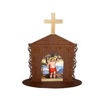 Display Enfeite de Mesa Religioso Capelinha Oratório São Sebastião 20cm Mdf Madeira Imbuia