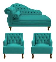 Divã Larissa 185 cm Direito de quem senta e 2 Poltronas Genesis Suede Azul Turquesa - DL Decor