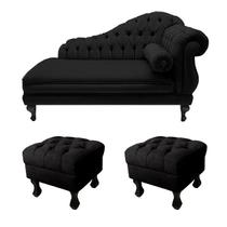Divã Recamier Larissa 150cm Esquerdo de Quem Senta E 2 Puffs Retrô Suede Preto - DL DECOR