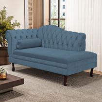 Divã Recamier Lavínia Clássico 120cm Capitonê com Pés de Madeira Linho Azul - Desk Design