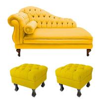 Divã Recamier Namoradeira Larissa 150cm + 2 Puffs Retrô Suede Amarelo - LM DECOR