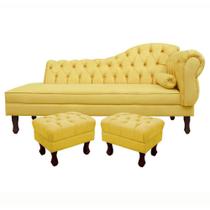 Divã Recamier Namoradeira Larissa 185cm com Capitonê - Esquerda + 02 Puffs Retrô Suede - Ecotec Decor