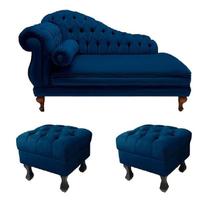 Divã Recamier Namoradeira Larissa Direito quem senta 150cm e 2 Puffs Retrô Suede Marinho - DL DECOR