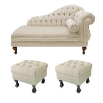 Divã Recamier Namoradeira Larissa Esquerdo quem Senta 150cm e 2 Puffs Retrô Suede Bege - DL DECOR
