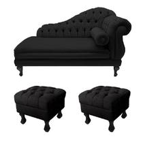 Divã Recamier Namoradeira Larissa Esquerdo Quem Senta 150cm e 2 Puffs Retrô Suede Preto - DL DECOR