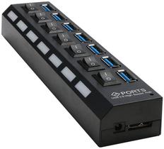 Divisor de Hub USB 3.0 com 7 portas com interruptor de alimentação individual para laptop e PC (preto)
