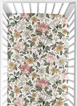 Doce Jojo Projeta Vintage Floral Boho Girl Equipado Crib Sheet Baby ou Toddler Bed Nursery - Blush Pink, Yellow, Green and White Shabby Chic Rose Flower Farmhouse