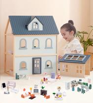 Dollhouse Pair Pear Wooden Toys de 3 andares com acessórios 64 unidades