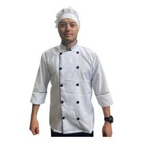 Dolma branca g com friso e botão preto manga 3/4 unissex chef jaleco cozinha