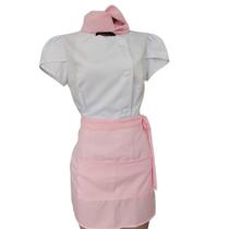 Dólma Chef De Cozinha Feminino Uniforme Profissional Branco Gabardine Avental Rosa Claro