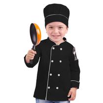 Dólmã Chef de Cozinha Infantil Chapéu Mestre Cuca Preto