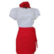Dolma Chef de Cozinha Uniforme Profissional Feminino Branco Gabardine Avental Vermelho