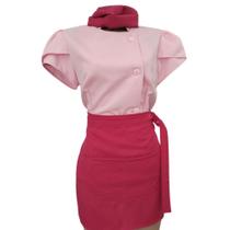 Dolma Feminina Gabardine Rosa Confeiteira Chef de Cozinha Avental e Faixa Confeiteira Uniforme