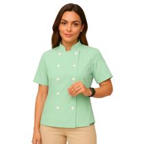 Dólmã Feminina Para Chef Cozinha Restaurante Confeitaria Padaria Gambuza Uniforme Verde Bebê Cozinheira Manga Curta Dólmã Feminina Para Chef Cozinha Restaurante Confeitaria Padaria Gambuza Uniforme Verde Bebê Cozinheira Manga Curta