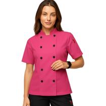 Dólmã Feminina Para Chef Cozinha Restaurante Gambuza Uniforme Rosa Cozinheira Manga Curta Acinturado