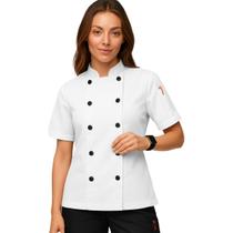Dólmã Feminina Para Chef Cozinha Restaurante Pizzaria Bar Uniforme Branco Cozinheira Manga Curta Acinturada