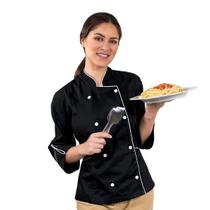 Dólmã Feminina Para Chef De Cozinha Acinturada Preto Detalhes Branco Uniforme Gambuza Cozinheira Restaurante Padaria Confeitaria Dólmã Feminina Para Chef De Cozinha Acinturada Preto Detalhes Branco Uniforme Gambuza Cozinheira Restaurante Padaria Confeitaria