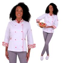 Dólmã Feminina Para Chef De Cozinha Branco Morangos 100% Algodão Acinturada Uniforme Gambuza Cozinheira Confeiteira