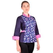 Dólmã Feminina Para Chef De Cozinha Estampa Floral Azul Blueberry Gambuza Uniforme Para Restaurante Padaria Confeitaria