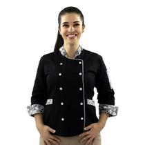 Dólmã Feminina Para Chef De Cozinha Floral Preto Uniforme 100% Algodão Cozinheira Padaria Confeitaria Gambuza Dólmã Feminina Para Chef De Cozinha Floral Preto Uniforme 100% Algodão Cozinheira Padaria Confeitaria Gambuza