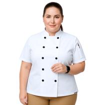 Dólmã Feminina Para Chef De Cozinha Plus Size Uniforme Cozinheira Restaurante Pizzaria Padaria Cor Branco Manga Curta