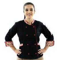 Dólmã Feminina Para Chef De Cozinha Preto Melancia 100% Algodão Uniforme Cozinheira Restaurante Padaria Confeitaria Cafeteria Dólmã Feminina Para Chef De Cozinha Preto Melancia 100% Algodão Uniforme Cozinheira Restaurante Padaria Confeitaria Cafeteria