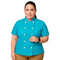 Dólmã Feminina Plus Size Para Chef Cozinha Restaurante Confeitaria Uniforme Azul Turquesa Cozinheira Manga Curta Dr Chef