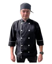 Dolma preta m com friso e botão branco manga 3/4 unissex chef jaleco cozinha