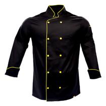 Dólmã Unissex Para Chef Cozinha Preto Com Detalhes Amarelo Uniforme 100% Algodão Cozinheiro Restaurante Padaria Lancheria Gambuza